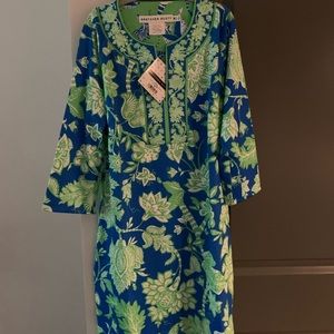Gretchen Scott Jersey Split Neck Dress in Blue/Green